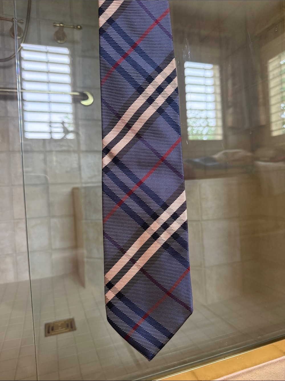 Burberry Light Blue Plaid Silk Tie with traditional plaid print